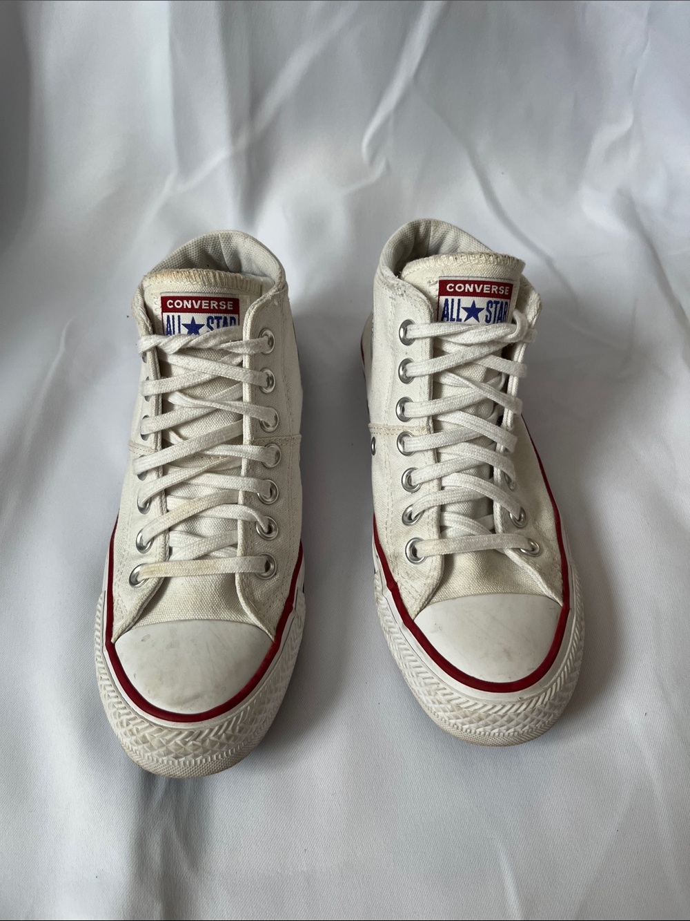 Converse High Top Sneakers in Cream with Red Stripe
